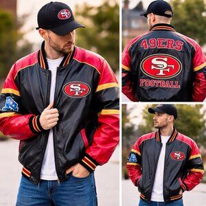 San Francisco 49ers NFL Leather Jacket Black Red Full Zip Mens XL